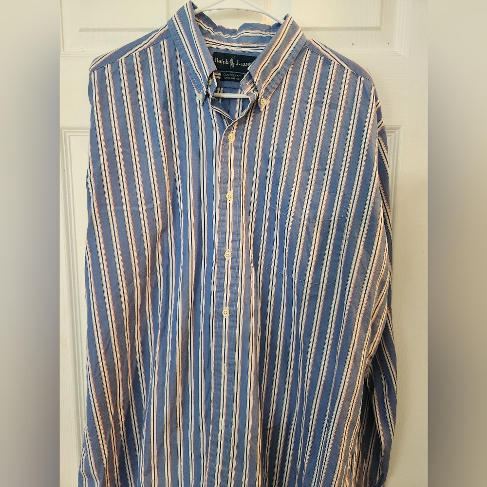 Mens Ralph Lauren Classic Fit Long Sleeve Blue Striped Button Front Shirt Sz XL